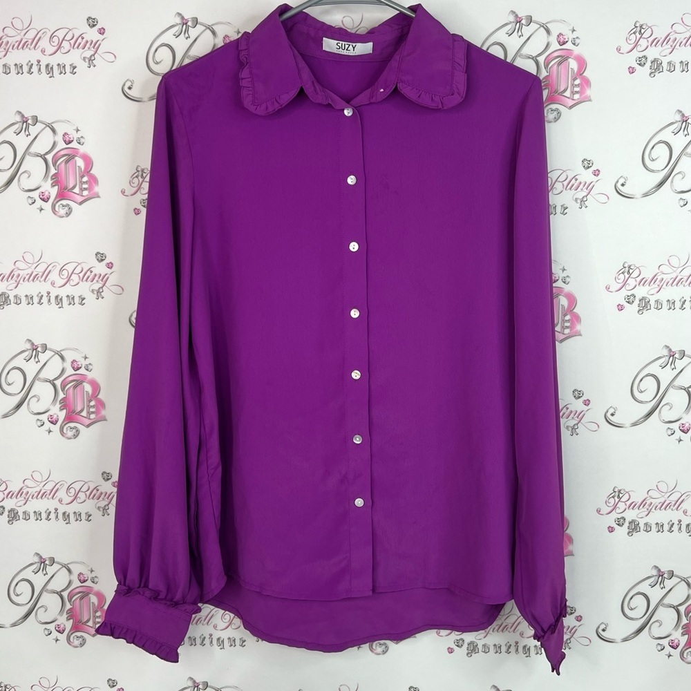 Suzy Shier button up blouse royal Vibrant Purple Button Down Shirt ruffle
